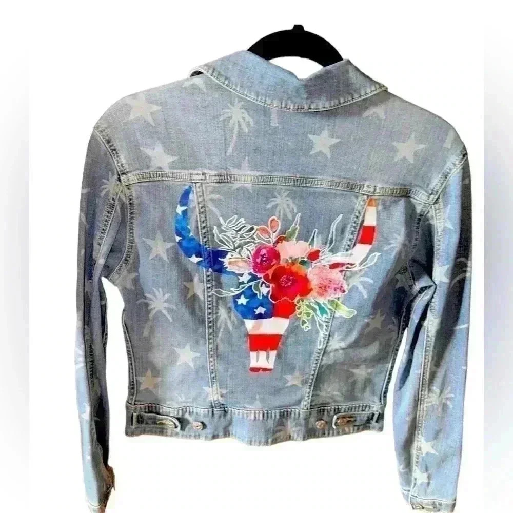 Lularoe Kenny XS Custom bull skull‎ patriotic denim trucker jacket . NWOT.